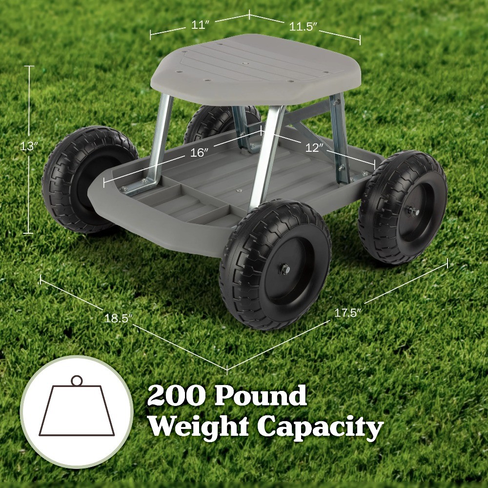 Pure Garden Gardening Stool - Rolling Garden Seat with Tray (Gray)