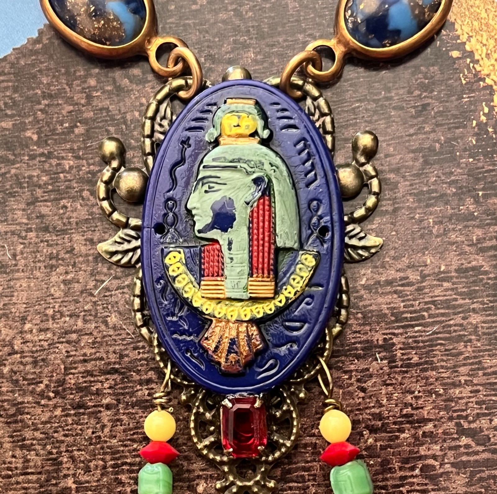 Deco Egyptian Revival Necklace Set, Neiger Style Pharaoh, Royal Blue, Red, Green