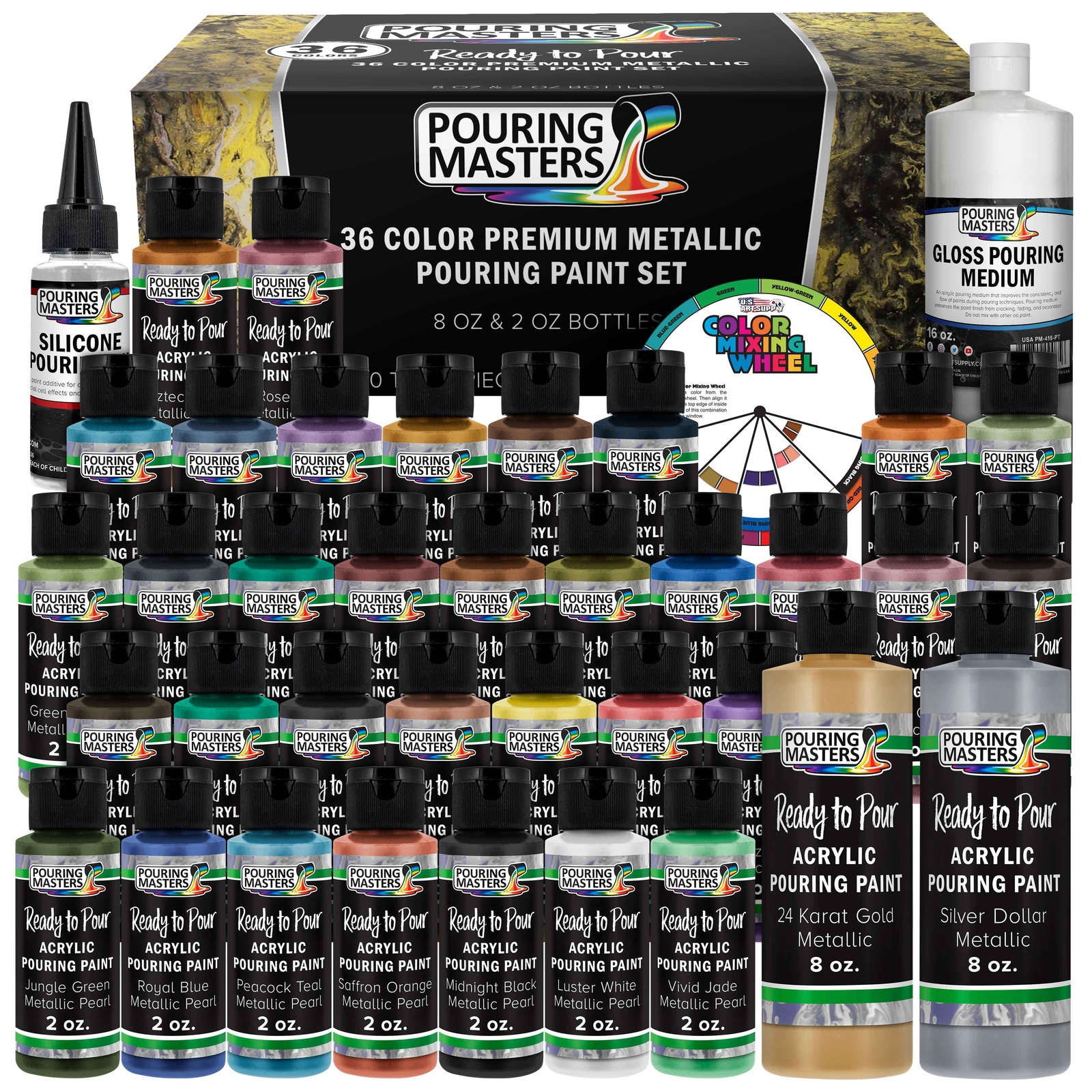 36-Color Metallic Ready to Pour Acrylic Pouring Paint Set, Silicone Oil & Gloss