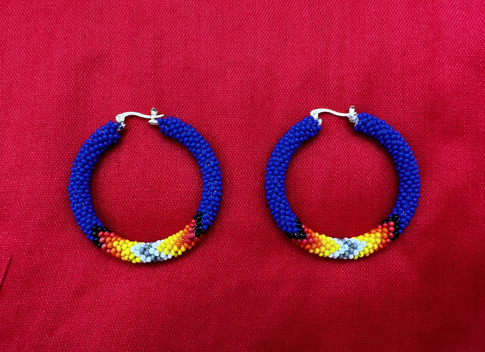 Handmade beaded 2 inch Deep Blue Native style hoop earrings
