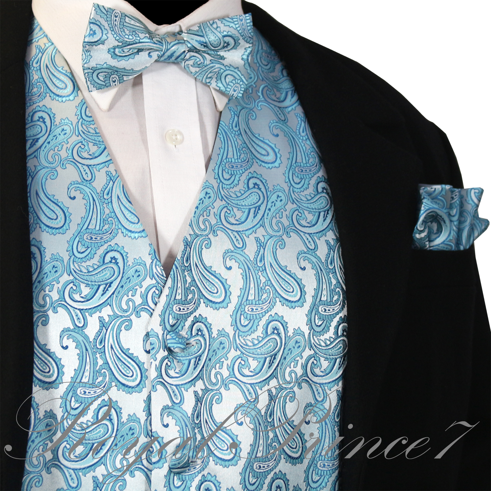 Turquoise Blue Paisley Tuxedo Suit Dress Vest Waistcoat & Bow tie And Hankie Set