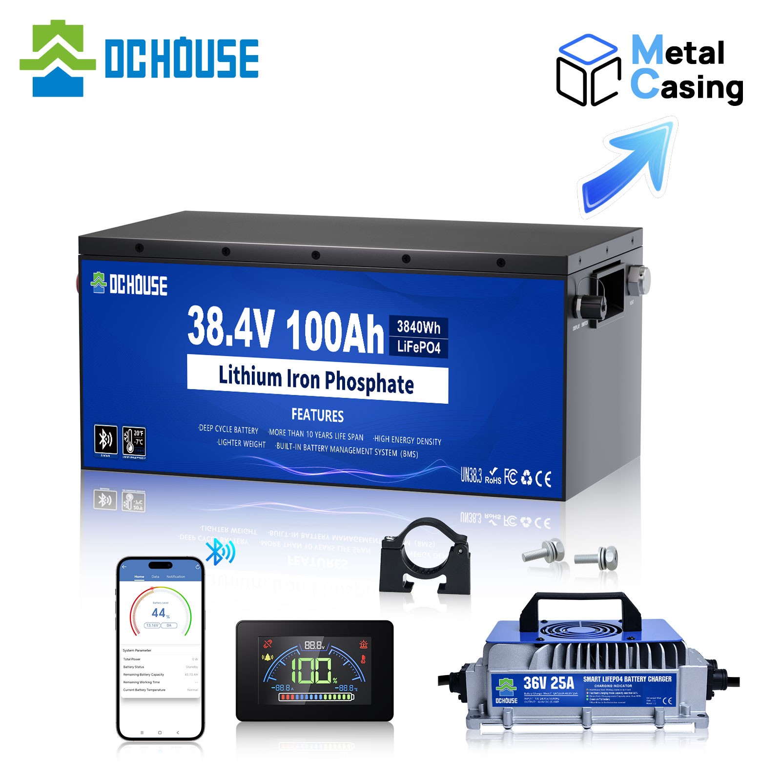 36V 100AH Metal Case Lifepo4 Lithium Golf Cart Battery with 36V 25A Charger BMS