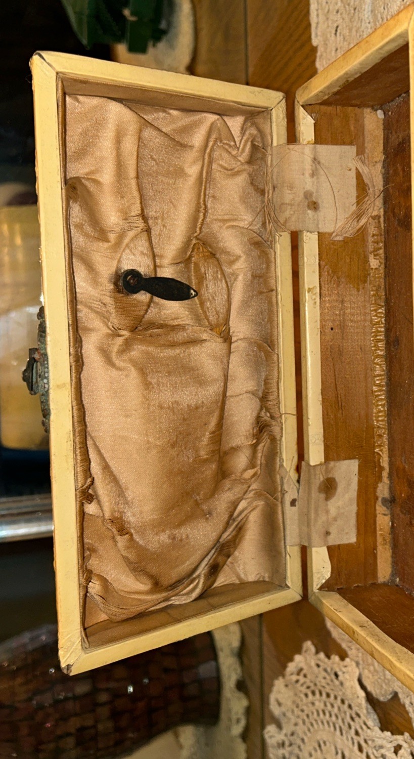 Antique Jewelry Box Engraved Angel Celluloid Wrapped Wood 9x 3.75 Oval Quite Old