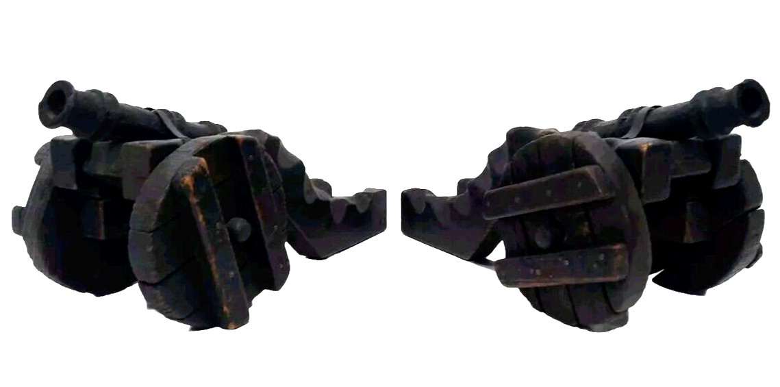 Set 2 Antique Cast Iron Wood Model Miniature Field Gun 10" Cannon On Wheels Toy