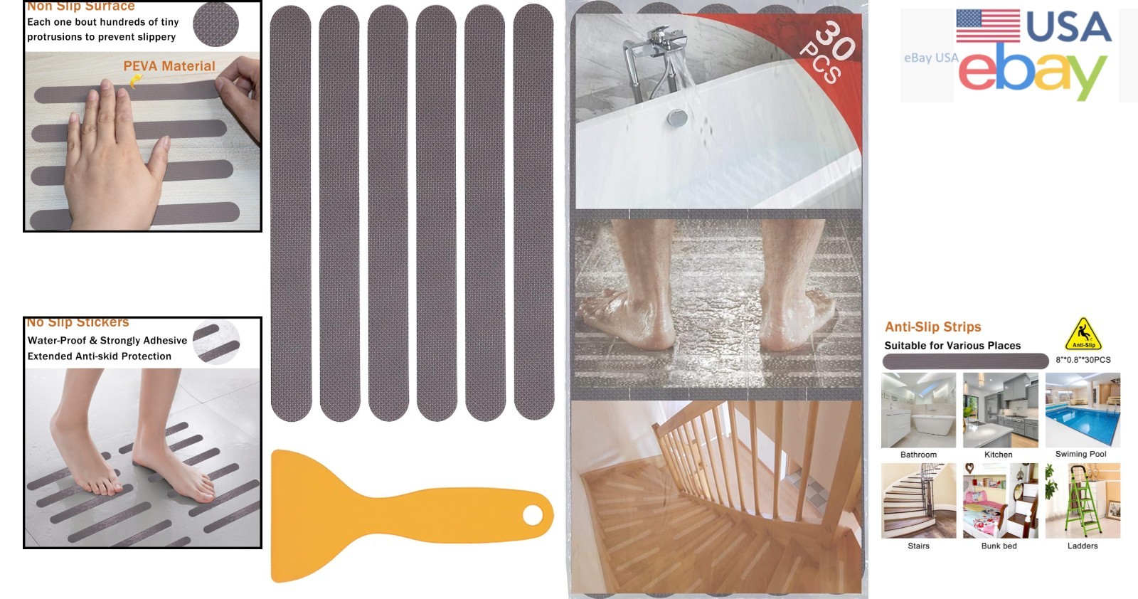 Anti-Slip Adhesive Strips for Bathtubs - 30 PCS Safety Stickers with Scraper