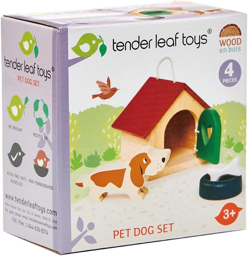 Dollhouse Pet Dog Set – Wooden Dog Figures & Accessories – Imaginative Storytell