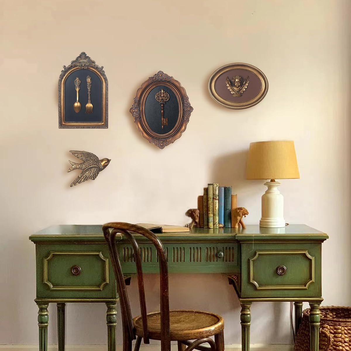 Vintage Wall Sculpture, Antique Pediment Hallway Wall Art, Hand Painted Bird wit