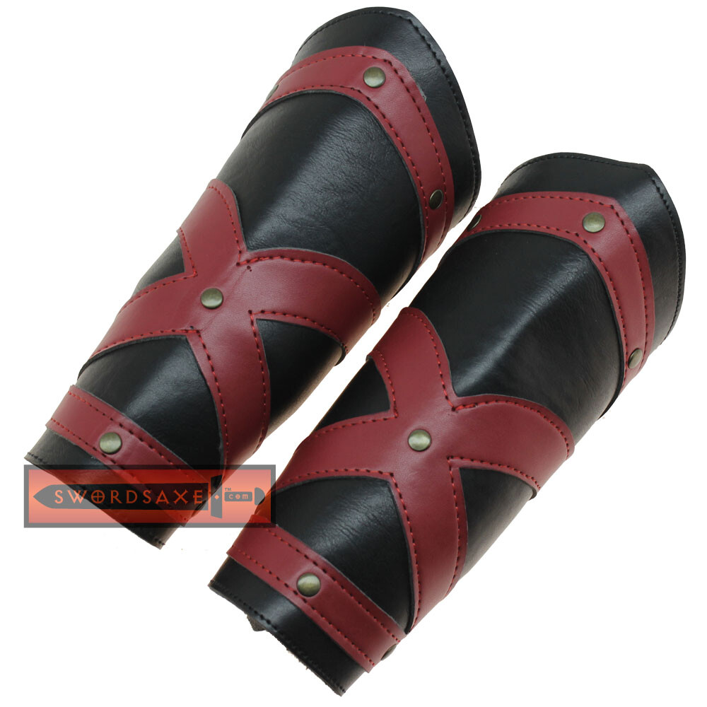Dark Knight Medieval Templar Red Cross Crusader Leather Bracers Black Cosplay