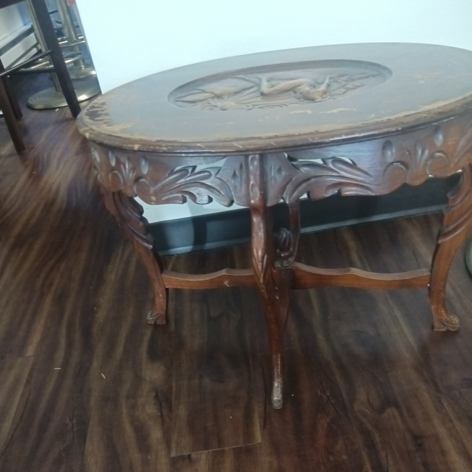 Antique Walnut carved lady basking in sun wood coffee table art nouveau deco