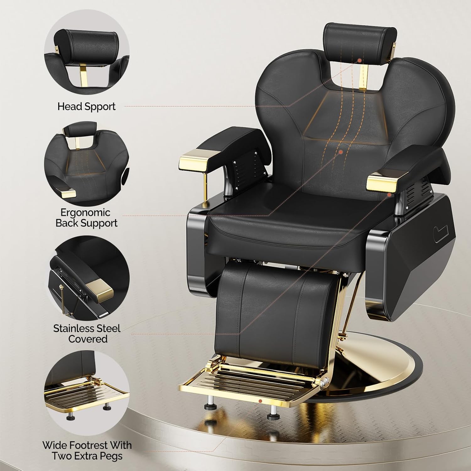 All Purpose Hydraulic Barber Chair Salon Beauty Shampoo Hair Styling Gold&Black