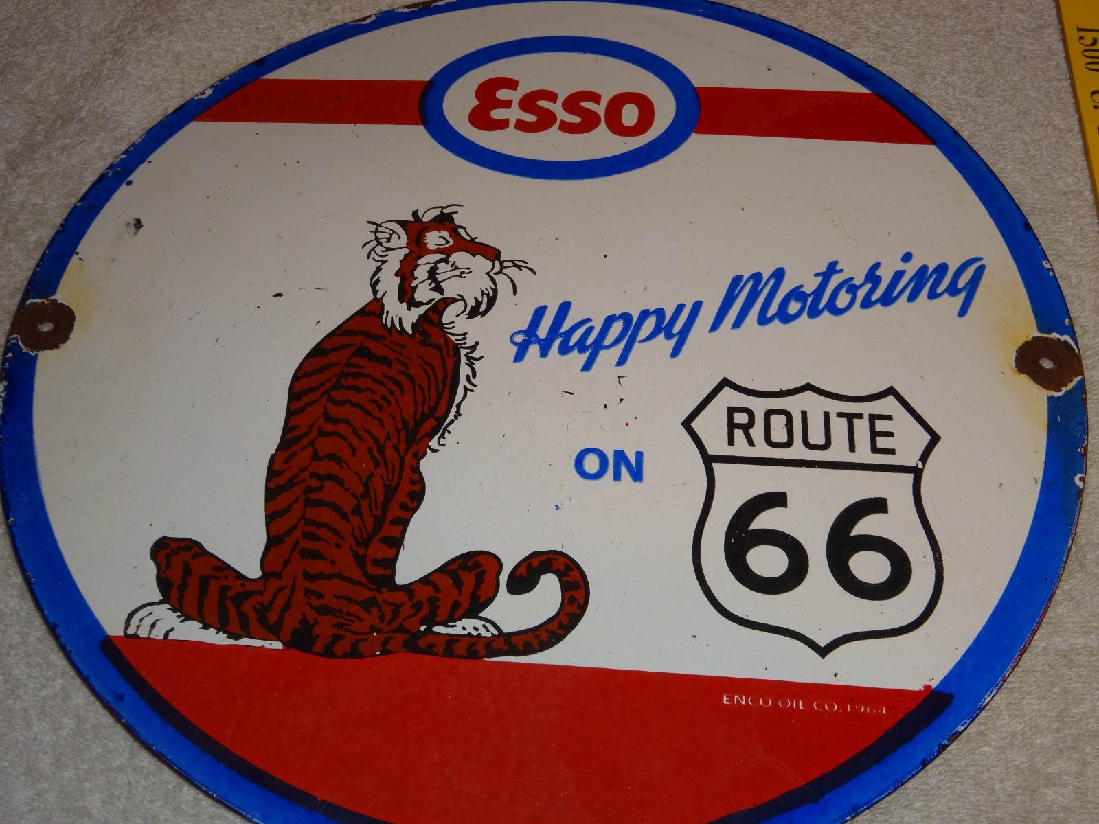 VINTAGE 1964 ESSO PUT A TIGER IN GAS TANK +ROUTE 66 11 3/4" PORCELAIN METAL SIGN
