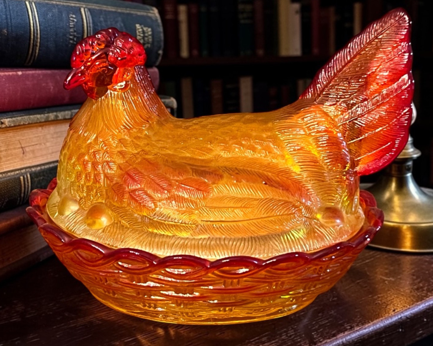 RARE! LG Wright XL Amberina Glass Hen On Nest 7 1/2" MINT!