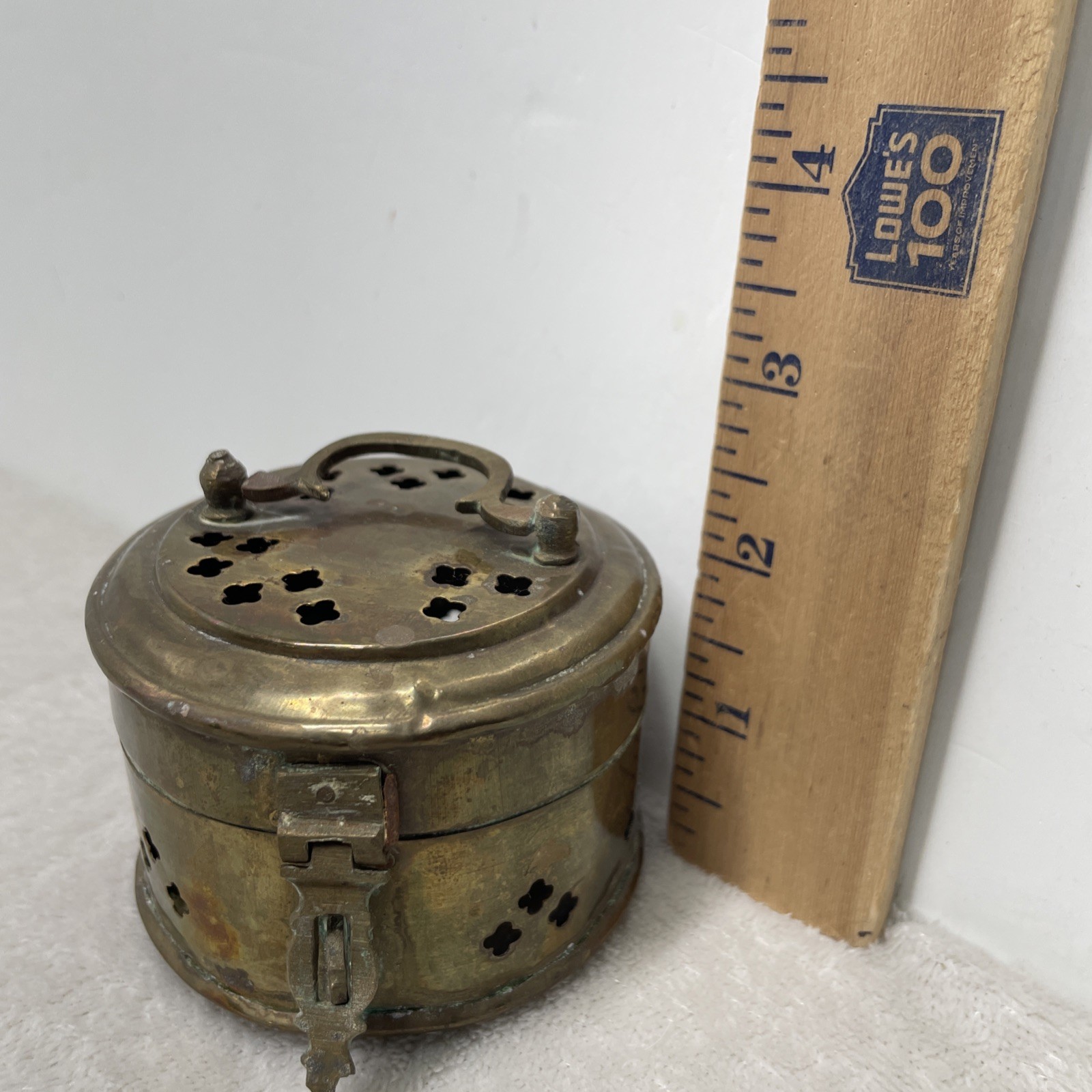 Vintage Brass Cricket Box Patina Footed Pierced Hinged Lid Handle Trinket Asian