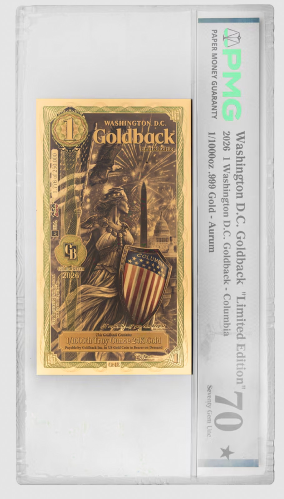 2026 limited Colorized Washington DC 1 Goldback PMG 70 gem unc.