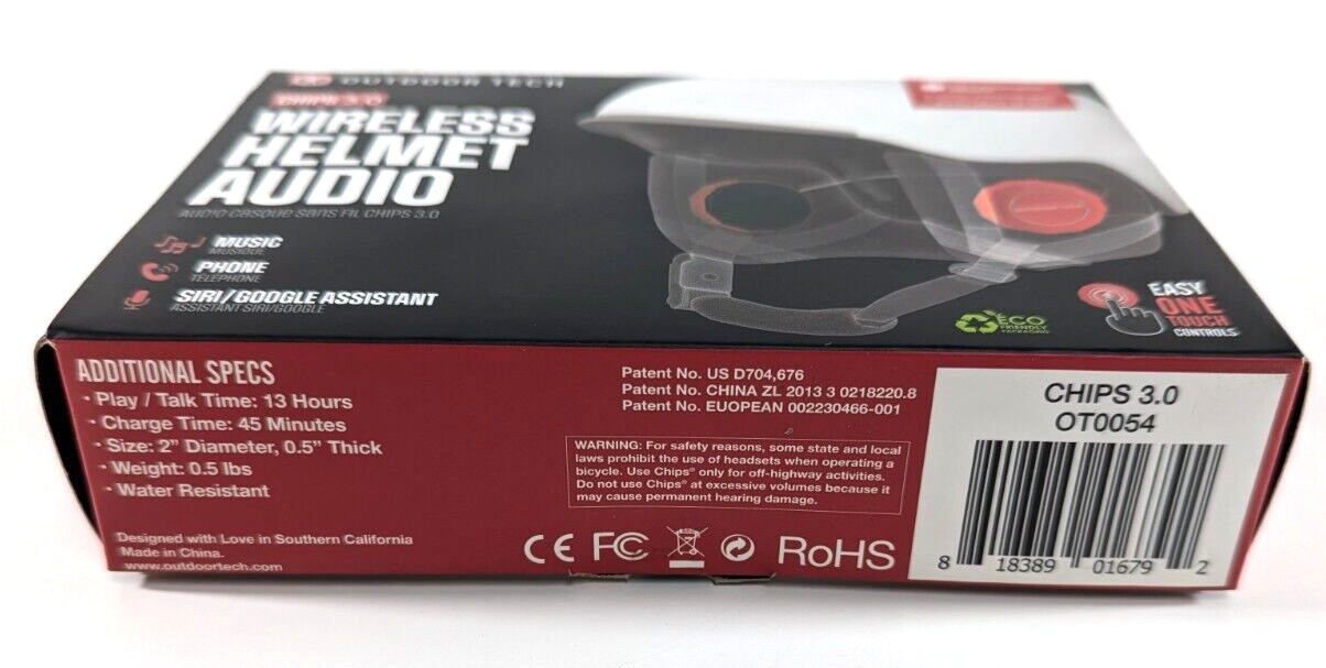 Outdoor Tech Chips 3.0 Wireless Helmet Audio Headset Easy One Touch Red OT0054
