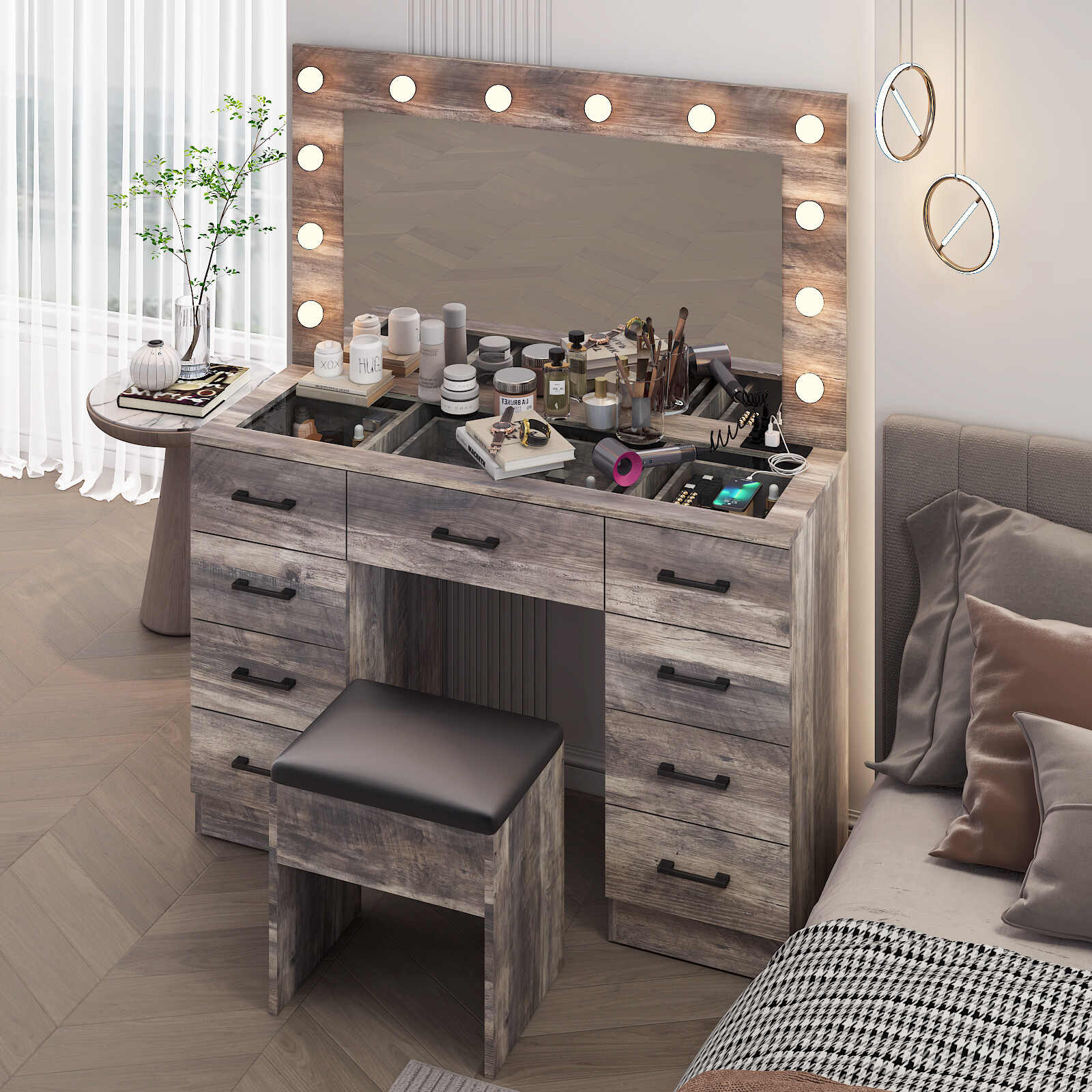 Vanity Set Desk 9 Drawers Large Mirror with Power Outlet LED Lights Makeup Table