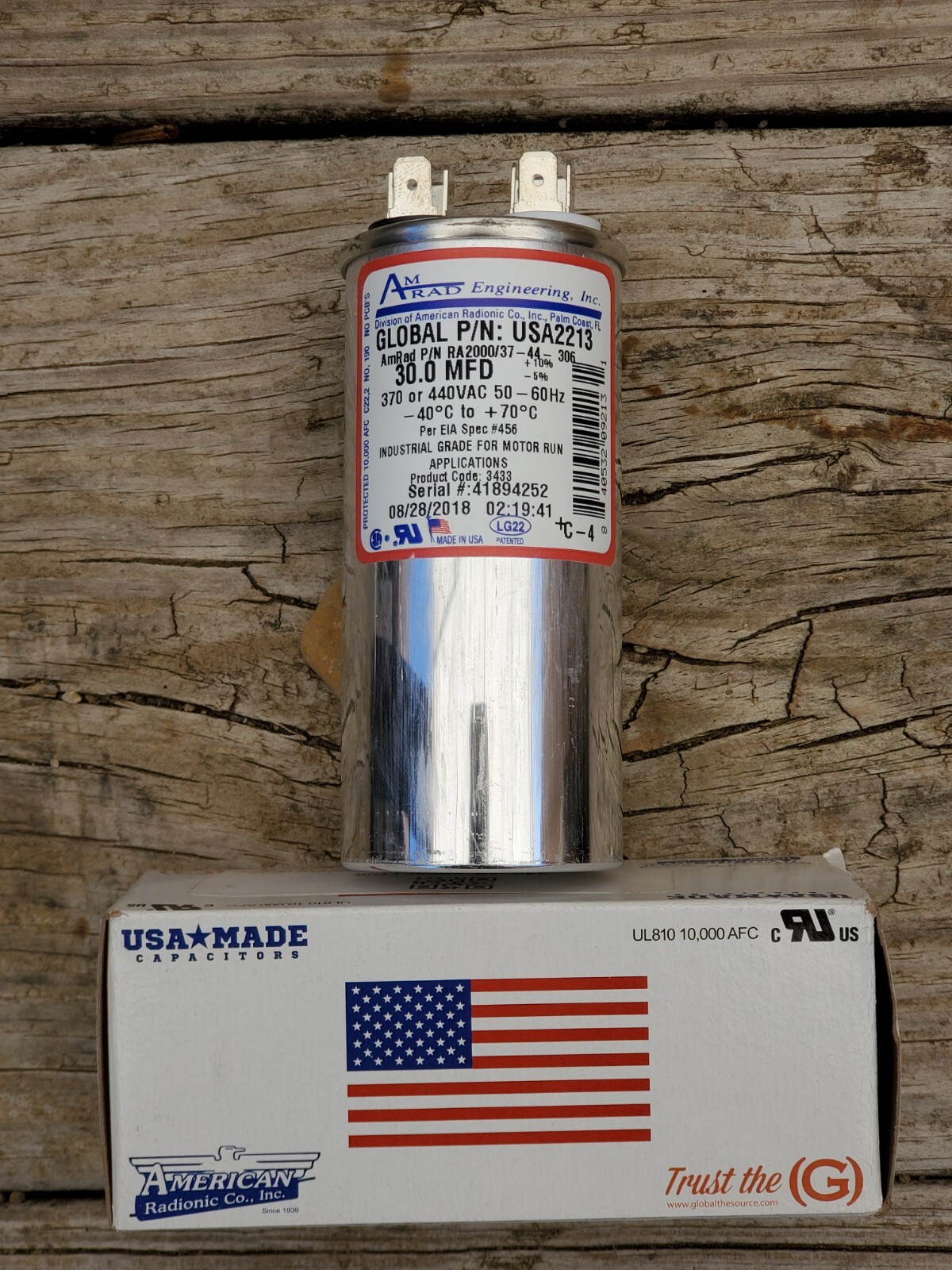 AmRad USA2213 Round Run Capacitor 30 uF MFD 370 / 440 Volt Made in USA
