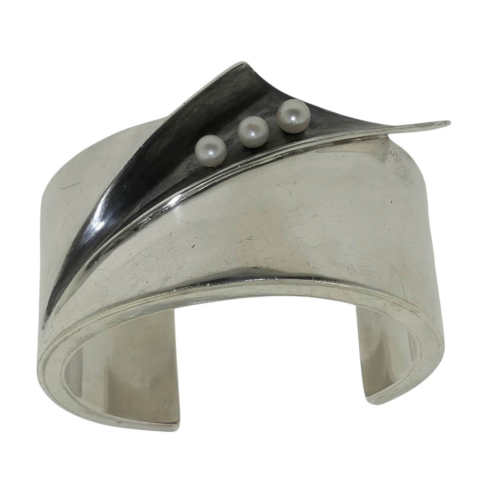 Antonio Pineda Sterling Silver & Pearl Taxco Mexican Cuff Bracelet 111Gr