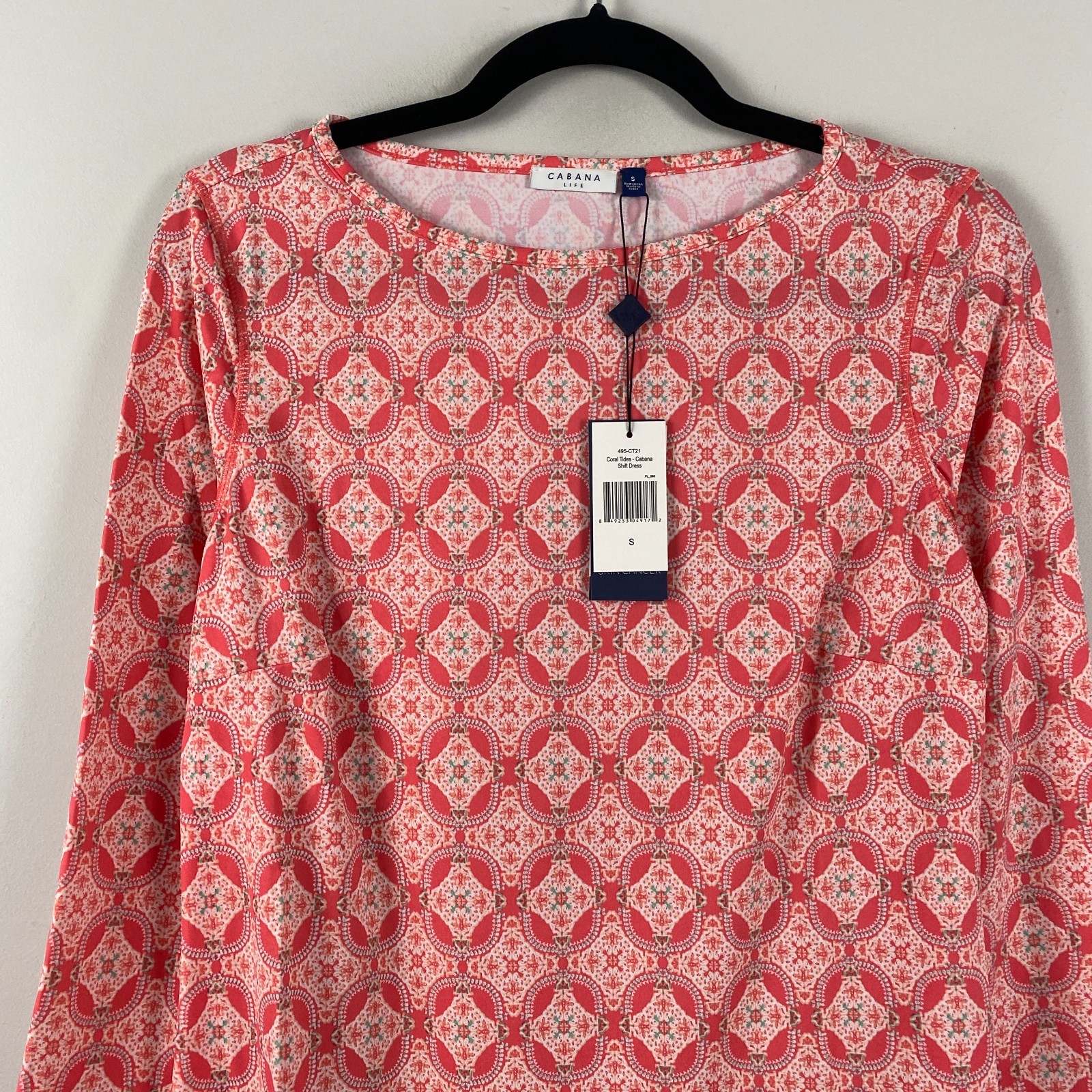 Cabana Life Coral Tides Shift Dress Size Small 3/4 Sleeves Nylon Stretch