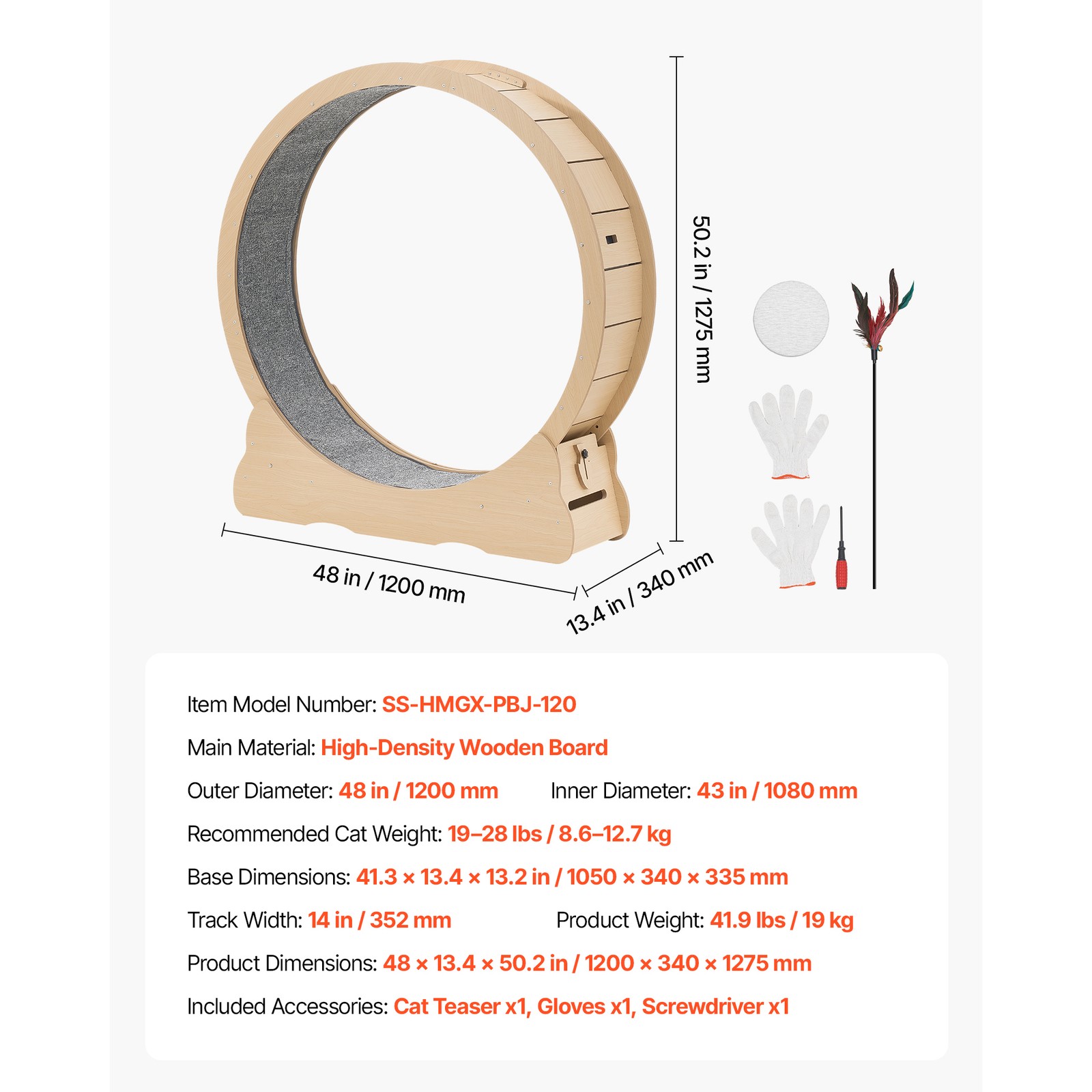 Uimoso 48-inch Wooden Cat Exercise Wheel with Carpeted Track for Indoor Use