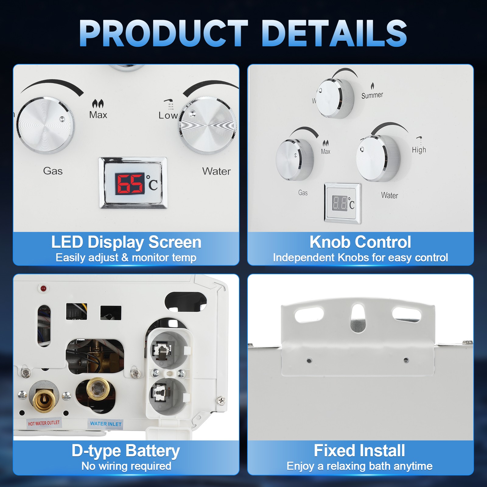 Tankless Propane Gas Hot Water Heater On-Demand Instant Gas Pressure 2800 Pa