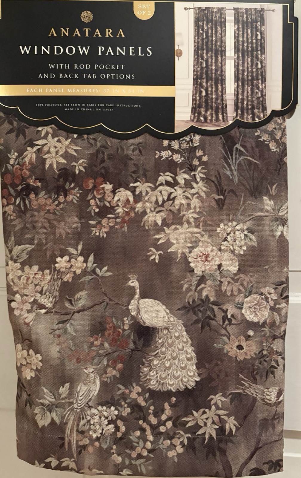 Anatara Tapestry Peacock Bird Floral Curtains 37x 84 Pair of Window Panels Drape