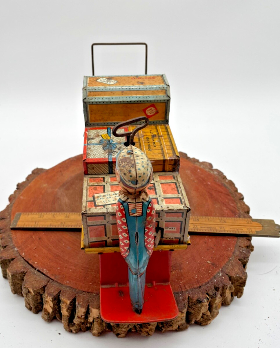 Rarer Vintage Unique Arts Tin Litho Finnegan Baggage Handler windup toy--2875.24