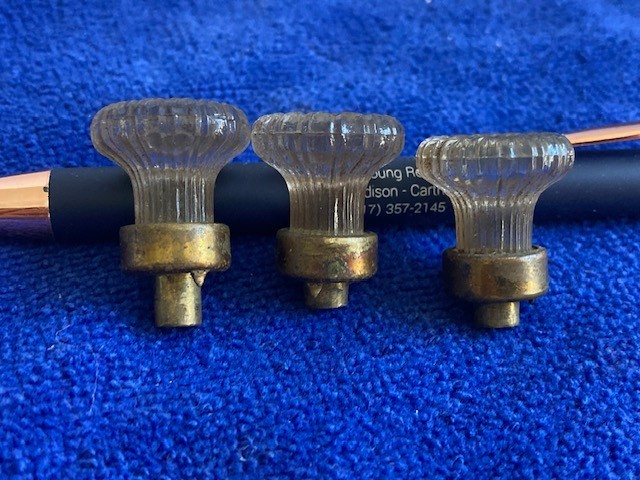 3 Small Vintage Pressed Glass & Brass Drawer Cabinet Pulls Knobs
