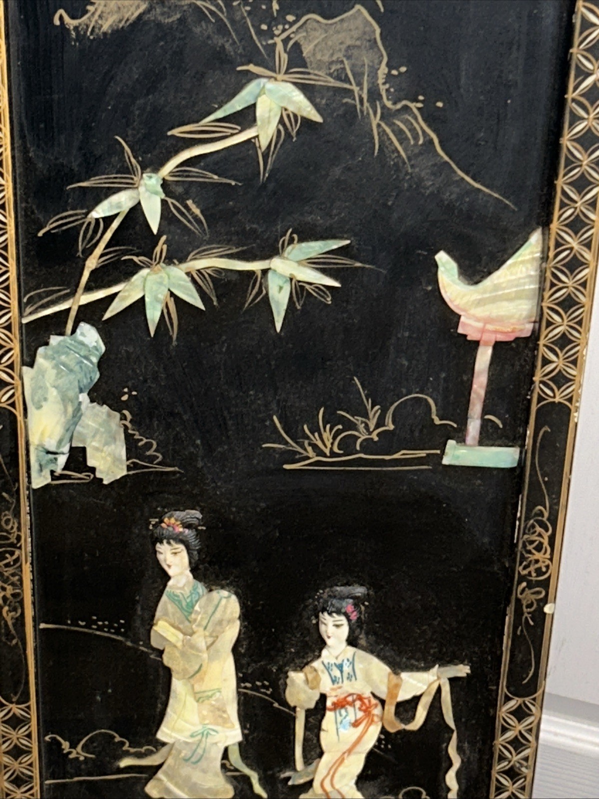 3 Vintage Laquered Asian With Mother of Pearl Panels 12”x 36”