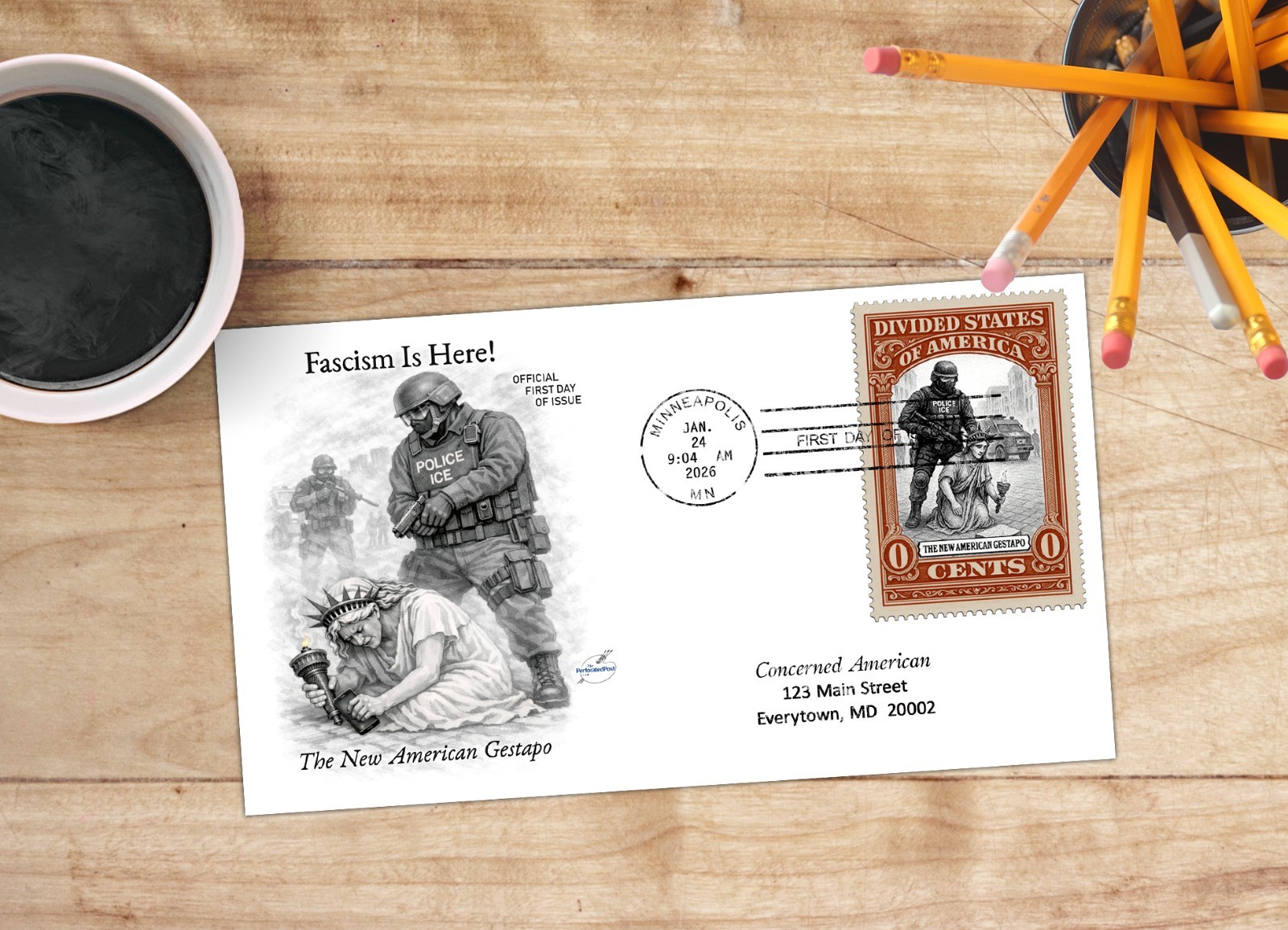 Liberty Under ICE (tRump) - Faux FDC Cover (Artistamp, Faux Postage, Cinderella)