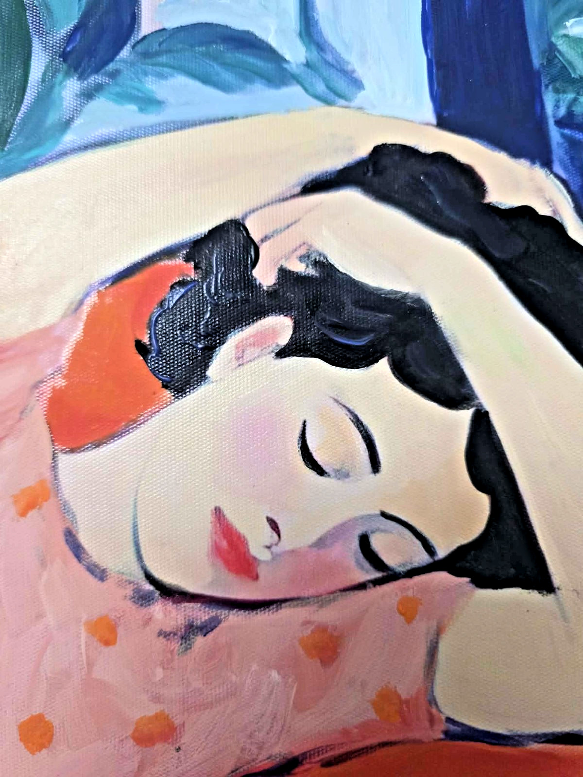 Hand Painted Acrylic on Canvas Painting "Resting on a Sofa". Signed