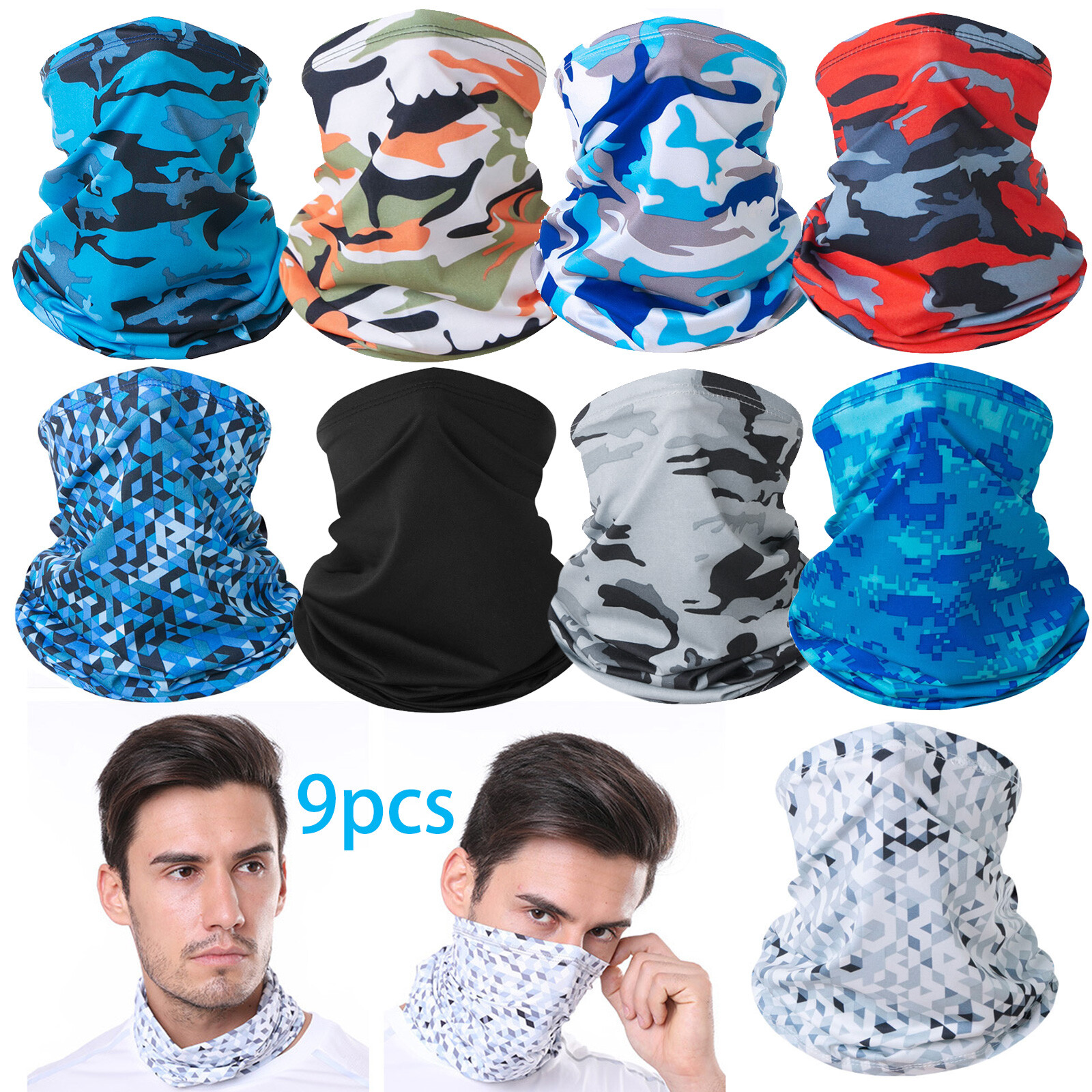 9PCS UV Neck Gaiter Scarf Cooling Face Mask Bandana Balaclava Sun & Dust Protect