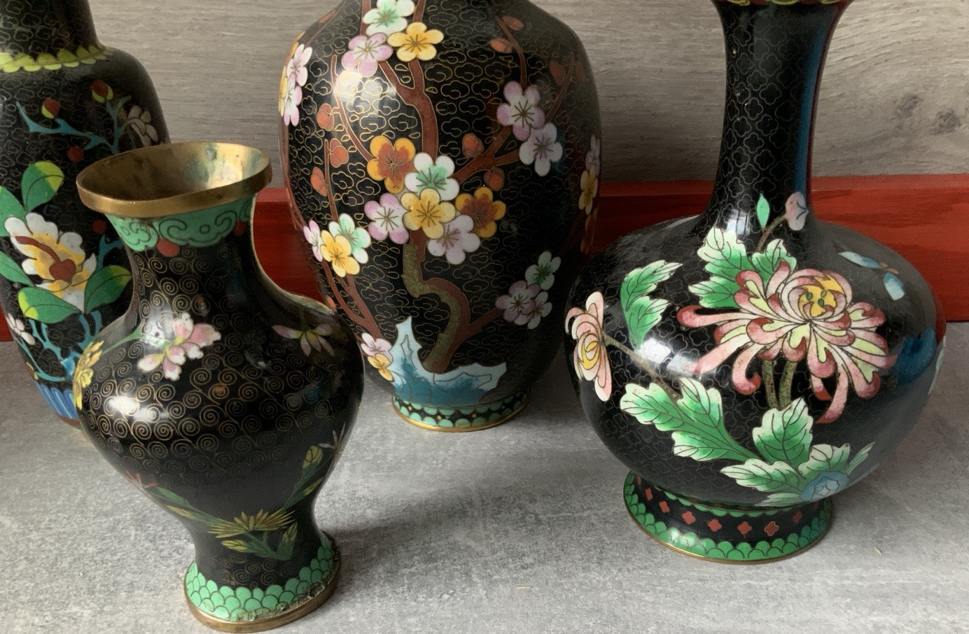 Lot Of 4 CLOISONNE Noir Enamel On Brass Variety Shapes Vases Vintage & Antique