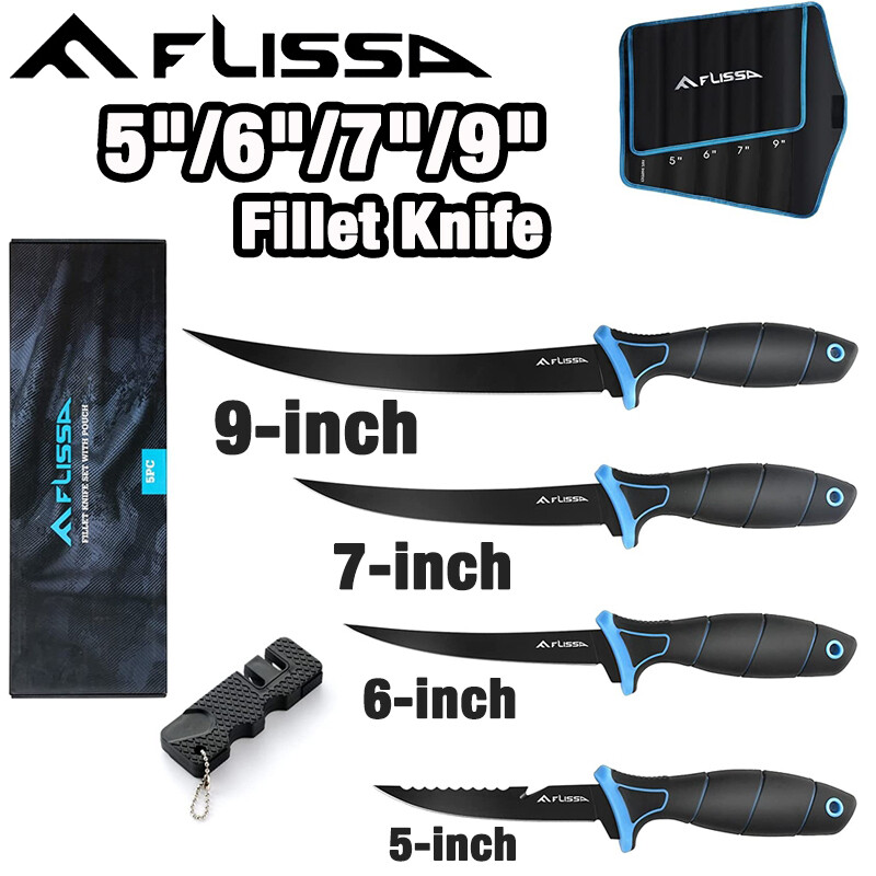 FLISSA 5''/6''/7''/9'' Fillet Knife Cutting Notch Non-Slip Handle w/Black Sheath
