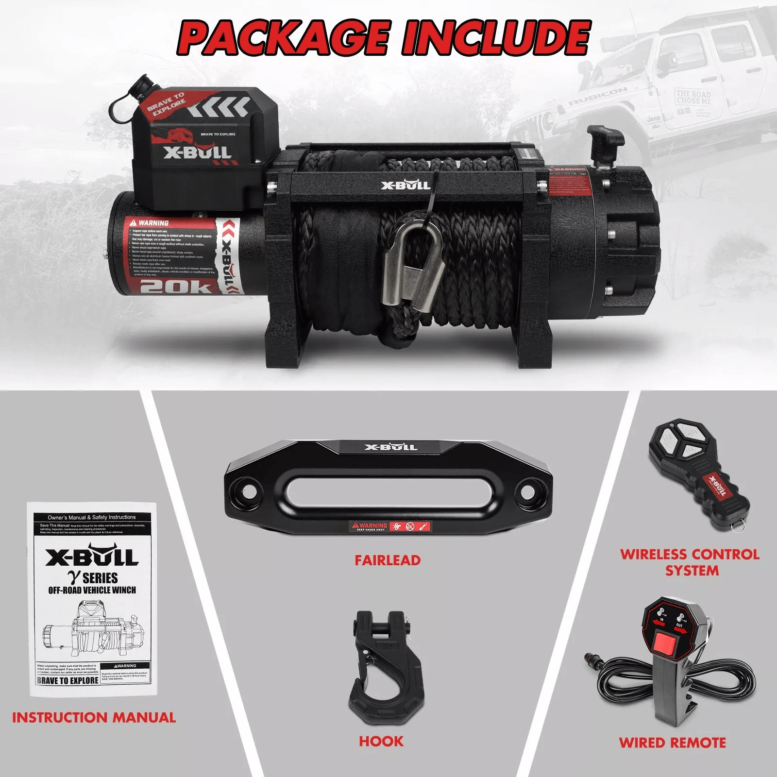 X-BULL 20000LBS Winch 20K Winch Synthetic Rope Truck Trailer Winch 12V 4WD Car