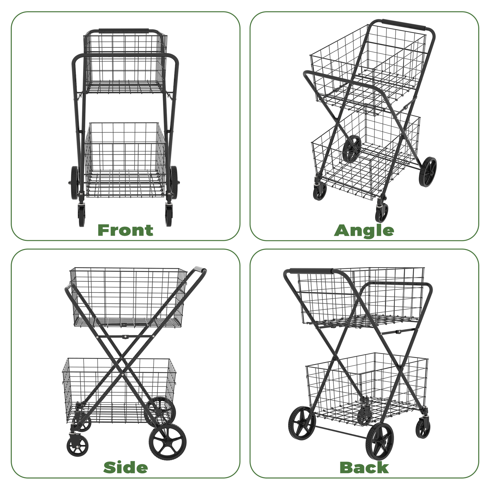 2-Tier Shopping Cart Foldable Grocery Cart Wheels Removable Storage Basket