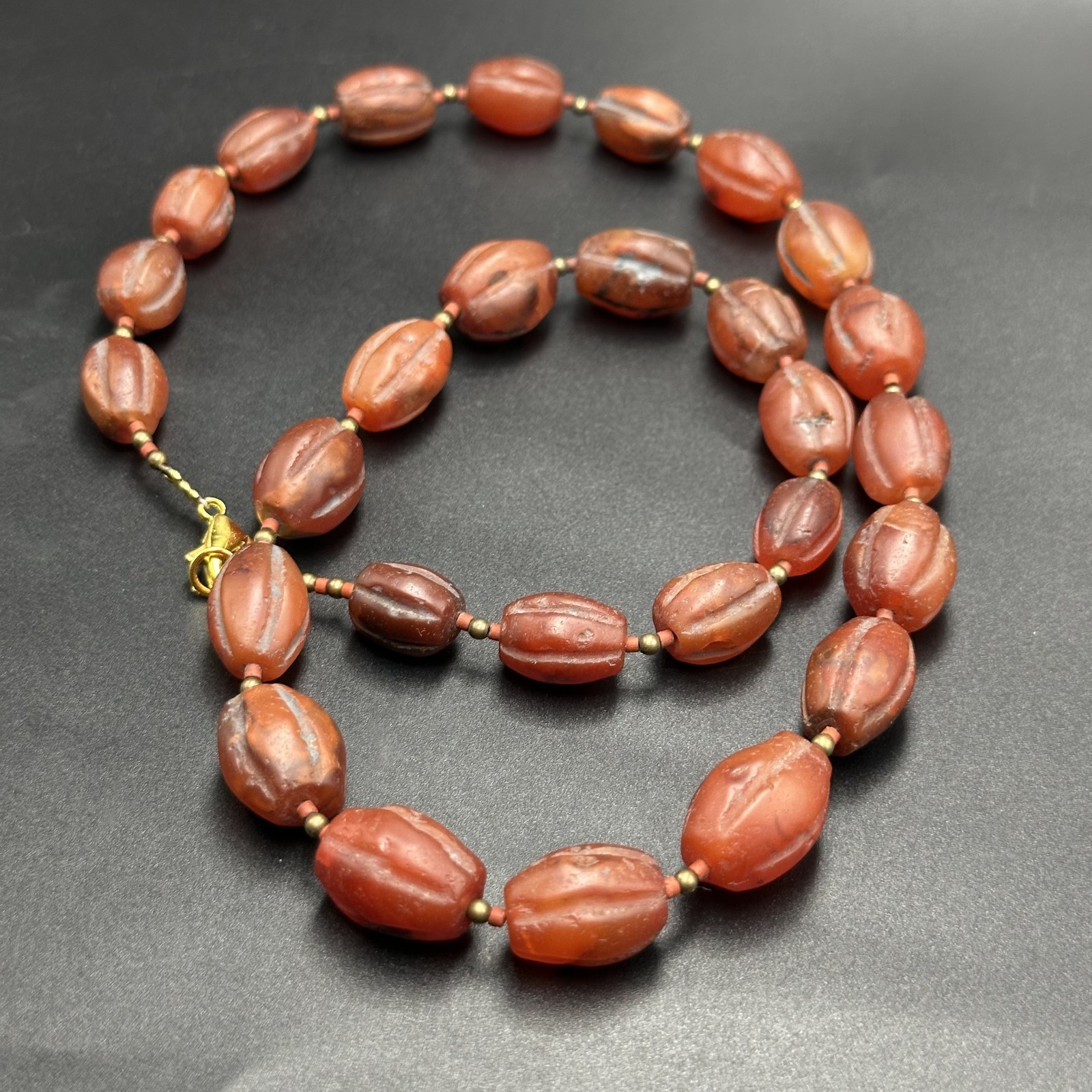 Vintage Himalayan Tibetan Carnelian Carved Agate Oval Shape Beads Necklace Mala