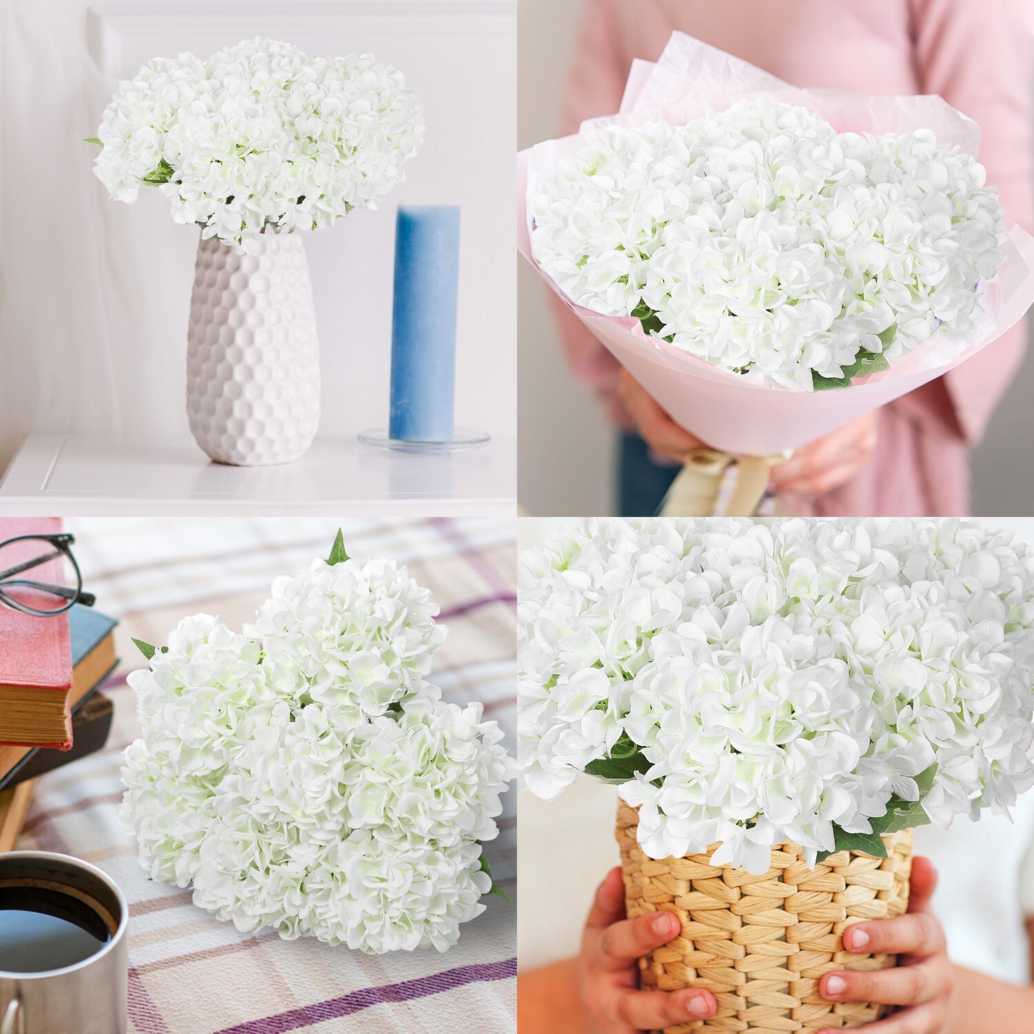 EZFLOWERY 5 Pcs Artificial Silk Hydrangea Flowers 18'' Bouquet Arrangement White