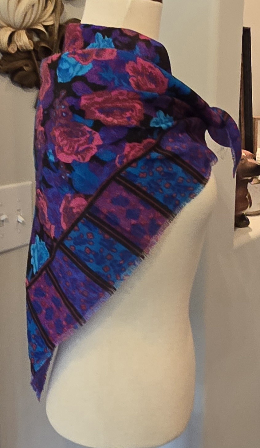 Vintage Glentex Japan Square Scarf Floral Stripes Blue Purple Pink 30x31 Inches