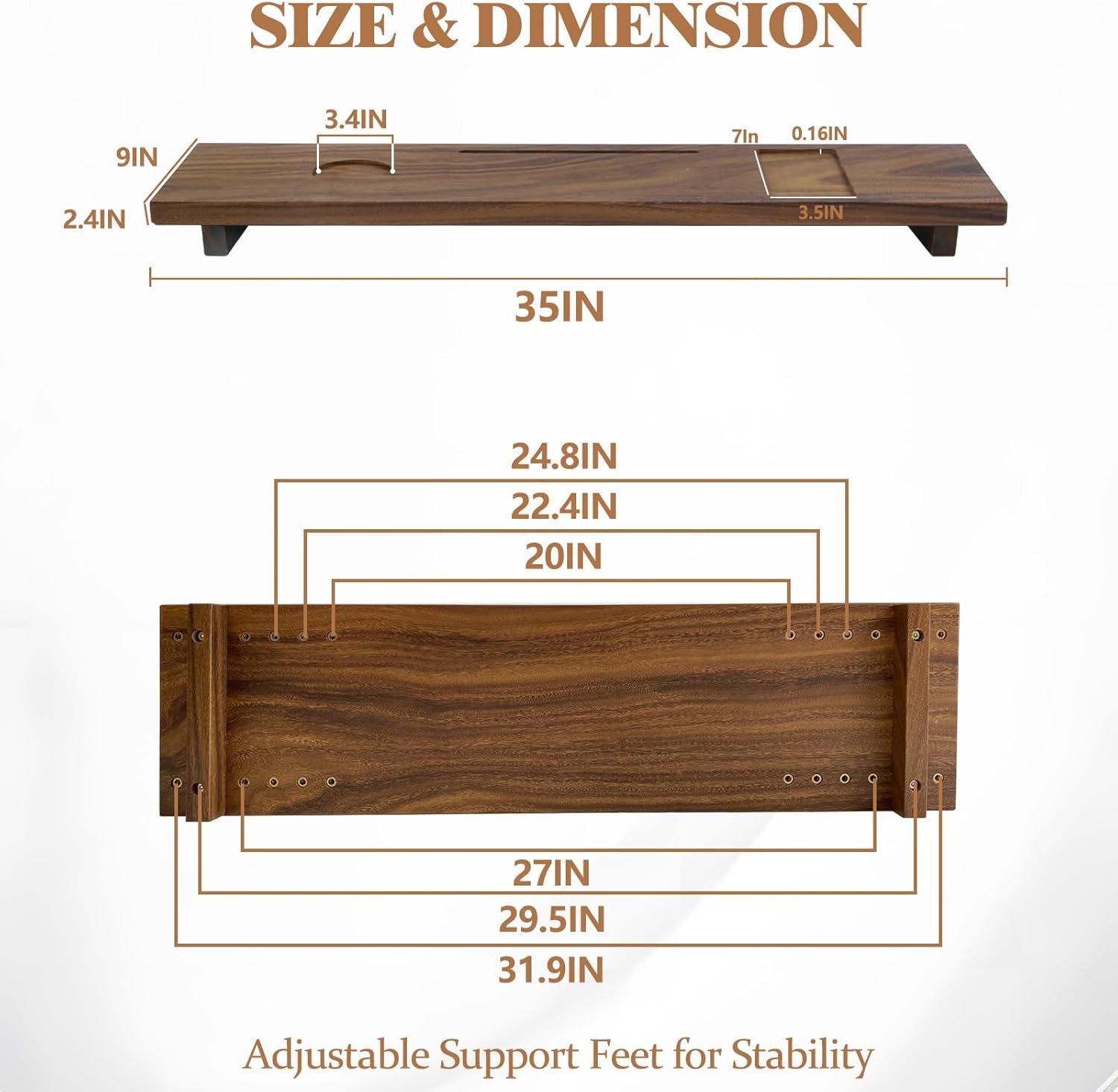 Bath Tray for Tub 35"x9"x2.5", Bath Tub Tray with 3 Adjustable , Anti-Tipping