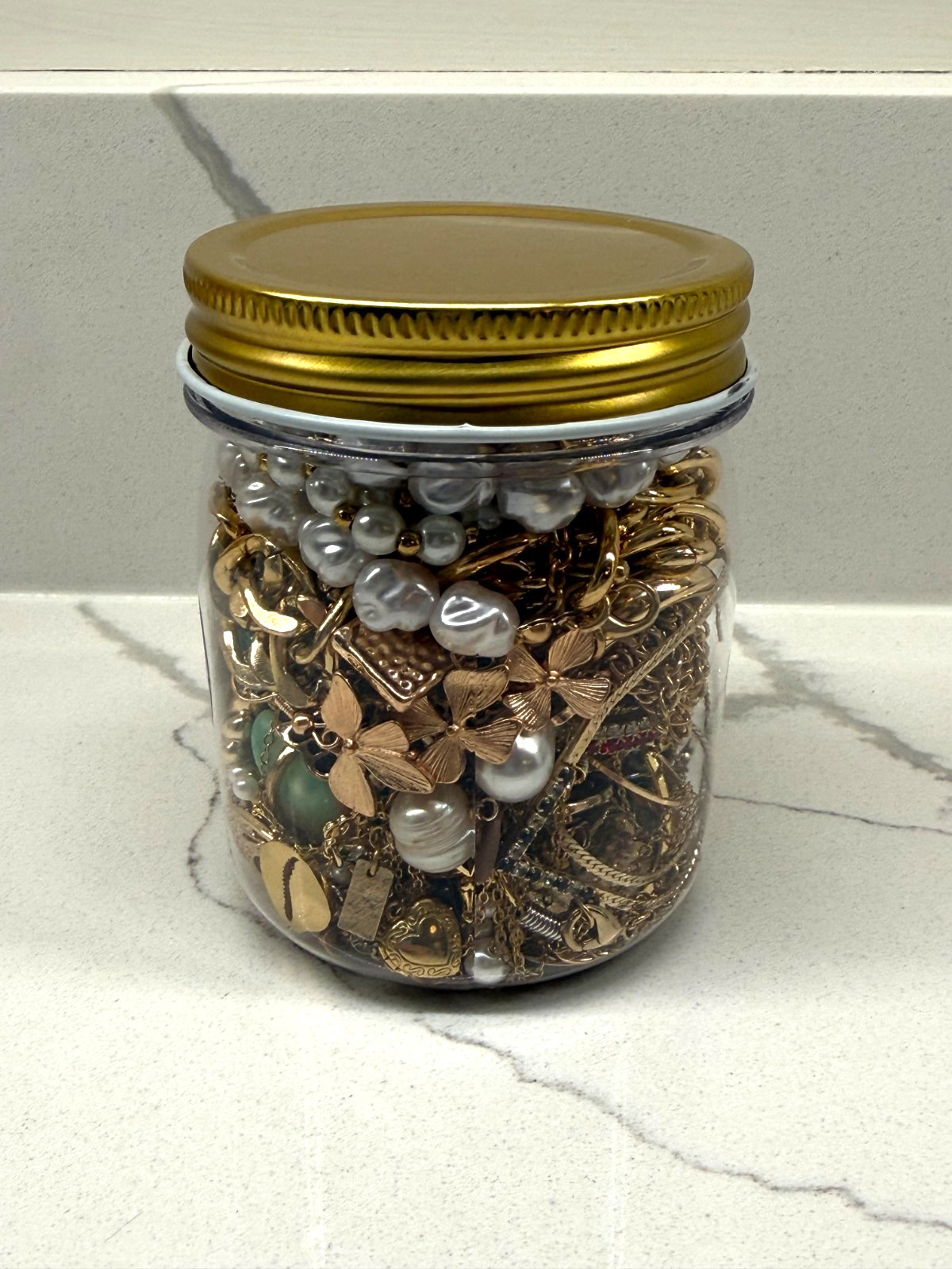 Mystery Jewelry Jar 8 oz – Gold Tone, Blue & Pearl Accents, Wearable Lot