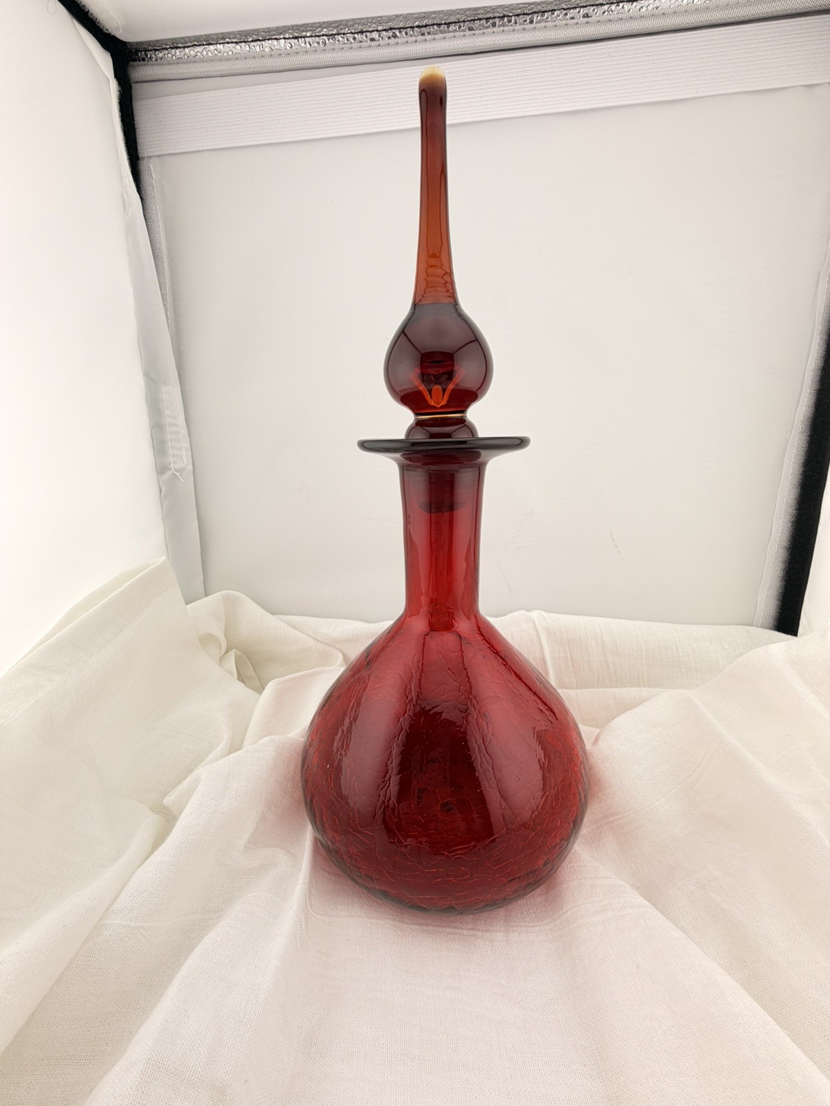 Vintage Blenko Red Glass Decanter Hand Blown Mid Century Modern Art Glass Ruby