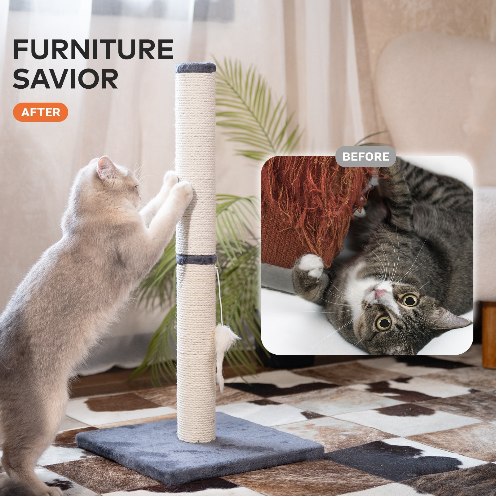 Cat Scratching Post, 25"H Sisal Vertical Scratcher Post with Toys for Indoor