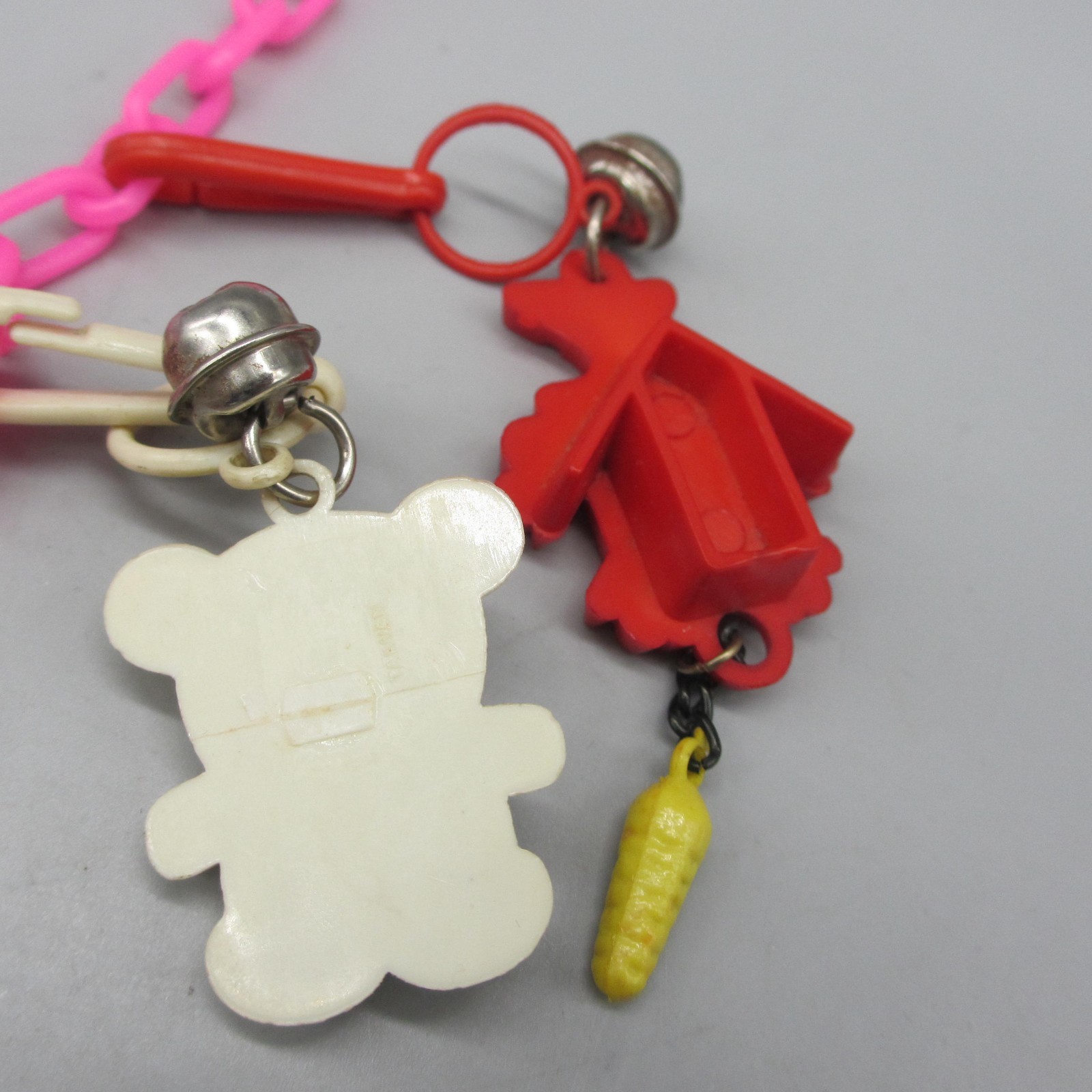 Vintage Bell Charm Necklace Owl Gum Ring Clock Thermos Pink Chain 24 Inch