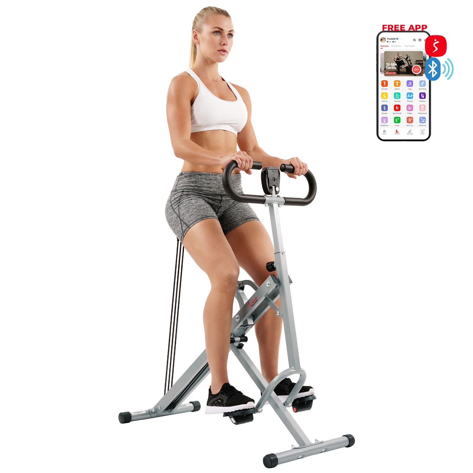 Sunny Health & Fitness Squat Assist Trainer Smart Upright Row-N-Ride Exerciser