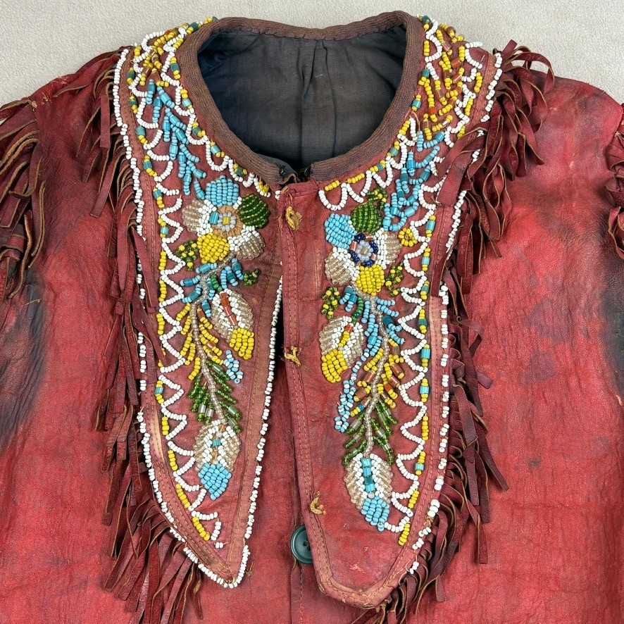 1880 - 1920 Handmade Red Leather Beaded Ceremonial Coat Native American Western