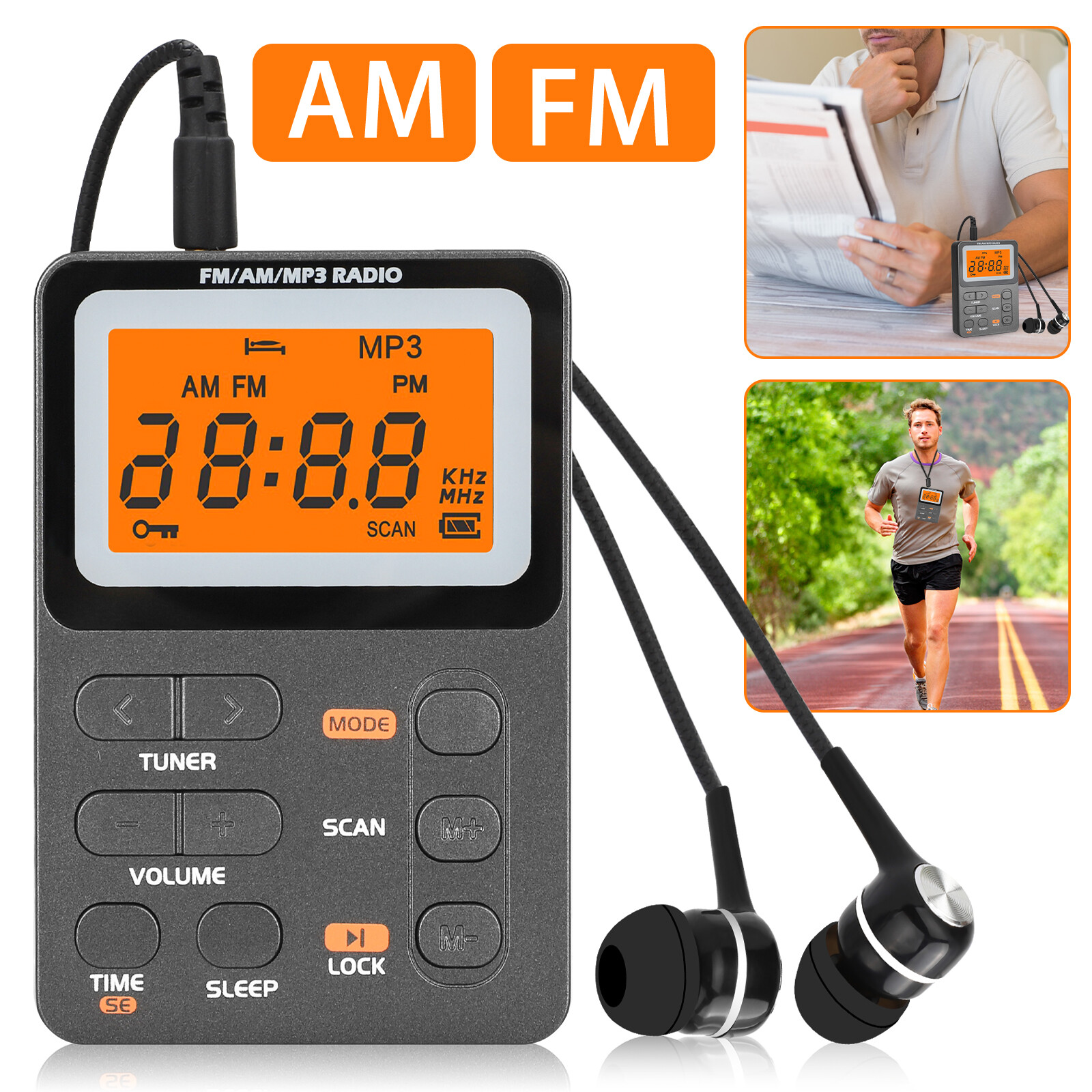 Portable Pocket Digital LCD AM FM Radio Stereo MP3 USB Rechargeable w/Earphones