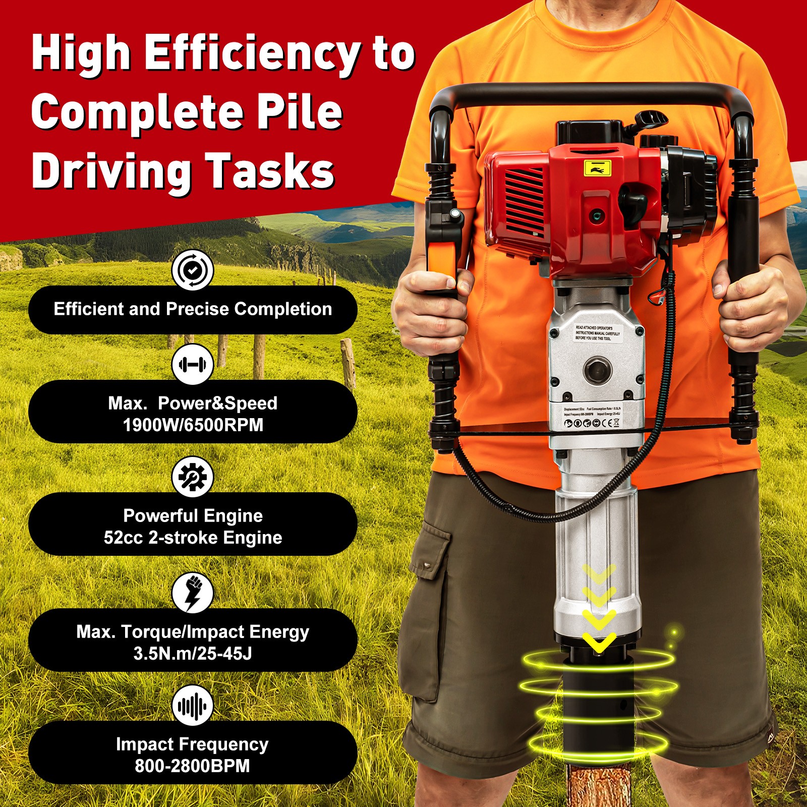 Gas Powered T-Post Driver 2-Stroke Gasoline Engine Fence Farm Push Pile Digger