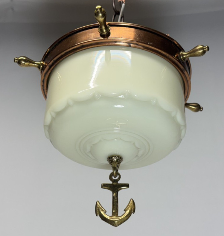 Vtg Nautical Light Fixture MCM Brass Anchor Closet Custard Art Glass Shade #L60