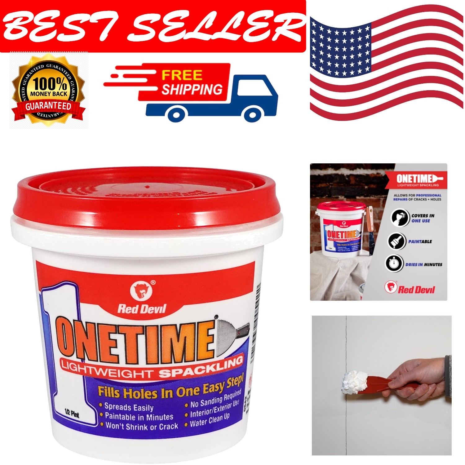 ONETIME Lightweight Spackle Wall Repair - Fast Drying, No-Sand Finish, 8oz